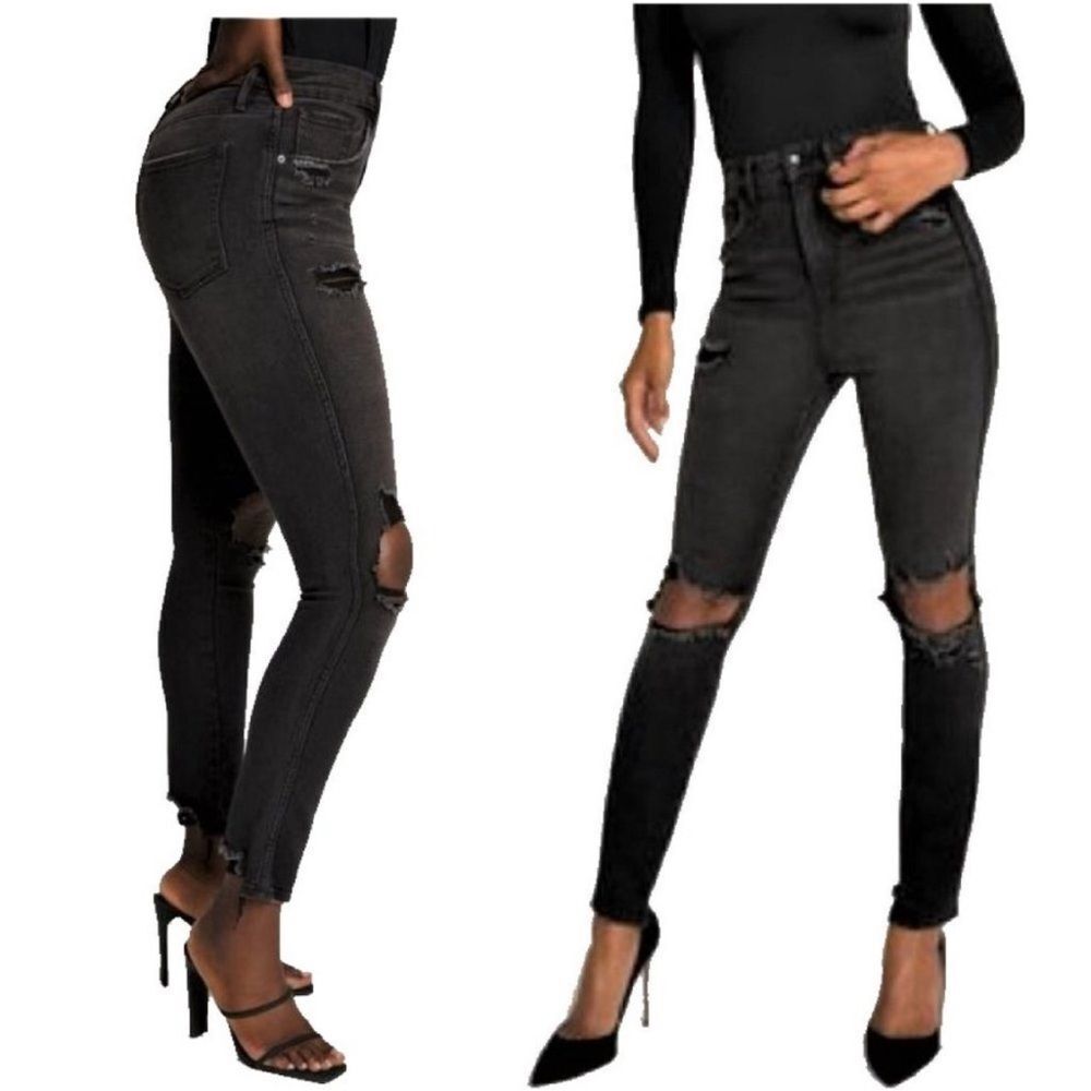 Good American High Rise Ripped Black Skinny Jeans